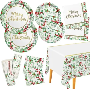 Merry Christmas Party Decoration Dinnerware Christmas Party Paper Tableware Set Serve 25 Includes Paper Plates Paper Cups Napkins
