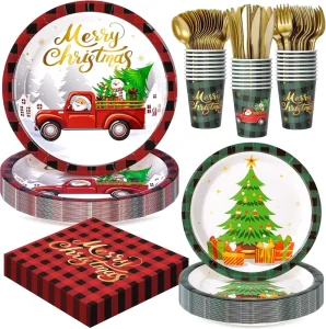 Merry Christmas Party Disposable Tableware Set Supplies Plates Napkins Cups and Gold for Party Decorations