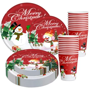 Merry Christmas Party Supplies Paper Plates Cups Christmas Tree Theme Holiday Tableware for Xmas Table Decorations