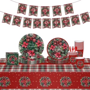 Merry Christmas Party Tableware Disposable Party Decoration Garland Paper Plate Cup Holiday Party Supplies Set