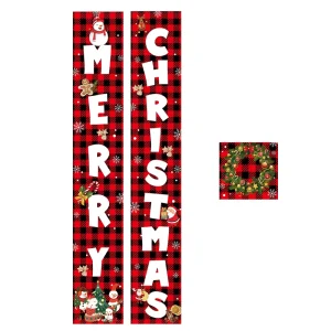 Merry Christmas Porch Banner Set 70.8×11.8in Buffalo Plaid Candy Cane Porch Hanging Banner for Indoor Outdoor Porch Decoration
