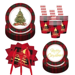 Merry Christmas Printed Plaid Party Tableware Set Disposable Paper Plate Cups Napkins for 10 Person
