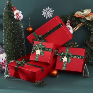 Merry Christmas Red Bowknot Gift Boxes Recyclable Rigid Xmas Gift Box with Lid and Base for Holiday Gift Packaging