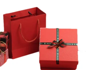 Merry Christmas Ribbon Gift Box Lid and Base Box Christmas Gift Packaging Box with Bag
