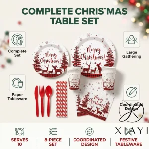 Merry Christmas Theme Party Disposable Tableware Set Paper Plates Napkins Cups Tablecloth Christmas Decor for Home New Year