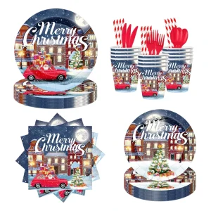 Merry Christmas Theme Party Supplies Disposable Tableware Set Paper Plate Cup Napkins for Merry Christmas Party Decorations