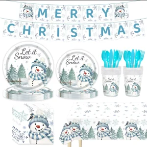 Merry Christmas Theme Party Tableware Disposable Blue Snowman Paper Plate Cup Christmas Tree Decorations Festive Party Supplies