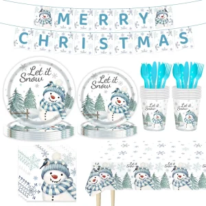 Merry Christmas Theme Party Tableware Disposable Blue Snowman Paper Plate Cup Christmas Tree Decorations Festive Party Supplies