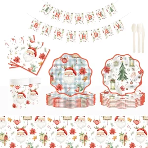 Merry Christmas Theme Tableware Set Include 7 Inch 9 Inch Paper Cups and Napkins for Christmas Festival Party