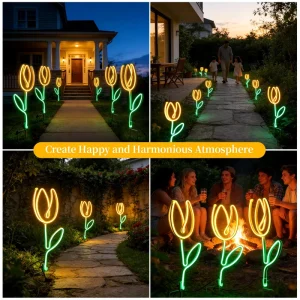 Metal Art Deco Tulip Flower LED Neon Sign Lights Floor Mount Outdoor Birthday Wedding Anniversary Parties Yard Decor