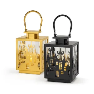 Metal Halloween Lantern Glass Haunted House Candle Holder for Tabletop Seasonal Home Decor