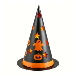 Metal Halloween Witch Hat Light with Laser Cut Ghost Pumpkin Star Silhouettes for Indoor Outdoor Garden Halloween Decorations