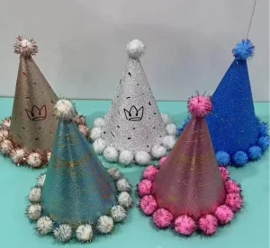Metallic Foil Print Birthday Party Hats With Pom Pom for Kids Adults Cone Photo Booth Props Party Decorations Supplies