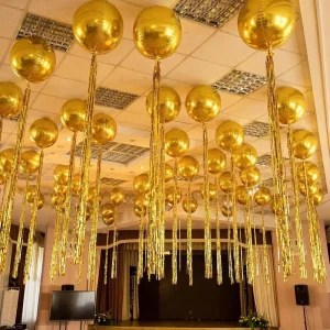 Metallic Gold 4D Round Foil Balloons with Gold Fringe Tassel Ceiling Hanging Wedding Anniversary Party Decor Globos