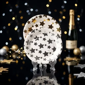 Metallic Gold Silver Foil Star Shiny Twinkle Starry Night New Year Graduation Decorative Round Paper Plates