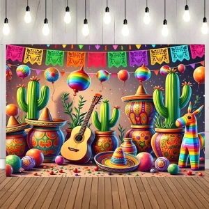 Mexican Fiesta Party Banner Backdrop Colorful Guitar Cactus Printed Party Decor Background