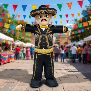 Mexican Mariachi Inflatable Mascot Costume Black Gold Charro Gentleman Suit Sombrero Hat Adult Fiesta Carnival Parade Halloween