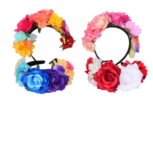 Mexican Simulated Rose Flower Crown Headband Day of the Dead Halloween Headpiece Colorful Stamen Party Hair Hoop Unisex Fashion