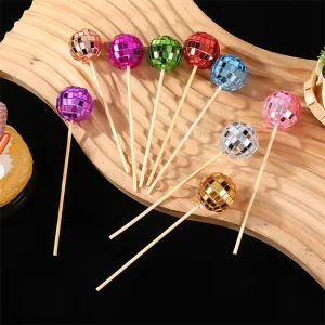 Mini Disco Ball Cupcake Topper 70s Retro Cake Disco Ball with Wooden Stick Plugin Birthday Cake Decoration Mirror Ball