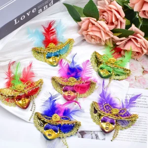 Mini Masks Magnets Sticker Party Favor Venetian Feather Masks Fridge Magnetic With Hat Carnival Mardi Gras Decorations
