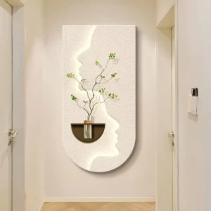 Minimalist Style Hydroponic Plants Wall Art for Entrance Hall LED Light Handmade Sandstone Home Decor Painting