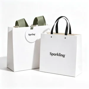 Minimalist White Paper Gift Bags with Black and Sage Green Handles for Fashion or Beauty Brand Packaging