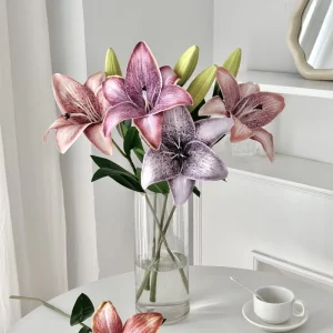 Modern 2 Head 3D Lily Design Artificial Plastic Flower Eco friendly Decorative Table Vase Arrangement for Living Room Wedding