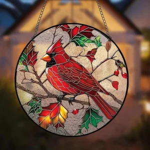 Modern Art Deco Design Cardinal Red Bird Suncatcher Handmade Stained Glass Window Hanging for Home Decor Memorial Gift