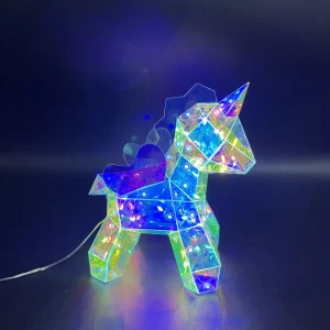 Modern Cartoon Cute Iridescent Unicorn Figurine in PET Resin LED Lights Handmade Eco Friendly Home Decor Graduation Holiday Gift