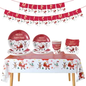 Modern Christmas Disposable Tableware Set for Party Decorations Includes Plates Cups Paper Towels Tablecloths