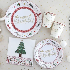 Modern Christmas Party Disposable Round Paper Plates Food Grade Eco Friendly Tableware Set Hot Stamping For Cookie Salad Use