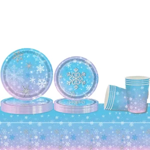 Modern Christmas Snowflake Themed Disposable Paper Tableware Set Kids Friendly Cups for Birthdays Thanksgiving