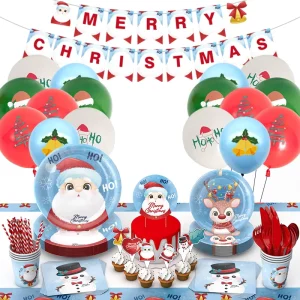 Modern Eco friendly Paper Christmas Party Tableware Set Includes Merry Christmas Plate Banner Forks Cups Spoons
