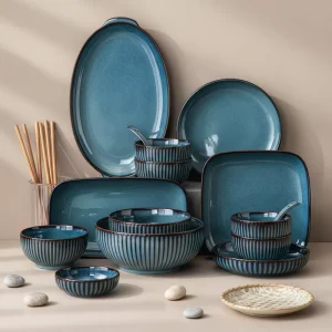Modern Luxury Fine Blue Porcelain Dinnerware Set Nordic Europe Style Dishes & Plates Household Tableware