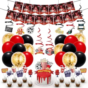 Modern Movie Night Birthday Party Decorations Including Plates Napkins Balloons Banner Backdrop for Movie Themed Events
