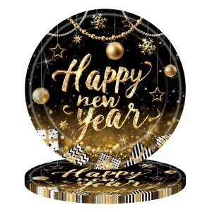 Modern New Year’s Eve Carnival Paper Tableware Decoration Set Gold and Black Happy New Year Theme Party Tableware