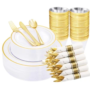 Modern Party Silver Rose Gold Rimmed Plate Set Plastic Cup Knife Fork Spoon Disposable Tableware Model 021 in Stock