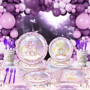 Modern Purple Castle Theme Children’s Birthday Party Tableware Tablecloth and Baby’s Birthday Decoration Supplies
