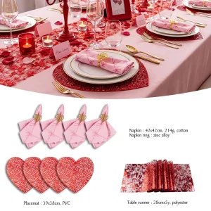 Modern Romantic Red Lace Heart Table Runner Set Pink Napkins Napkin Rings for Valentine’s Day Anniversary Indoor Outdoor Use
