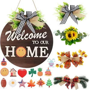 Modern Rustic Wood Wreath Interchangeable Seasonal Welcome Wall Hanging Outdoor Farmhouse Porch Decor for Spring Front Door Sign