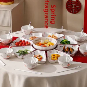 Modern Simplicity Design Glazed Floral Pattern New Year’s Eve Housewarming Fan Shaped Ceramic Platter Bowl Dish Set Tableware