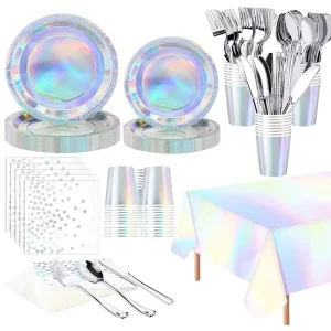 Modern Style Laser Iridescent Silver Disposable Tableware Set for Wedding Decoration and Arrangement Includes Paper Tray Cup
