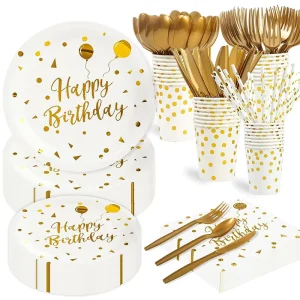 Modern White Bronzing Disposable Cake Plate Dinnerware Set Paper Cup Set for Birthday Parties Boxed Tableware Eid Mubarak Decorations