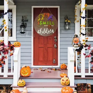 Modern Witch Front Door Sign for Halloween Easter & Weddings Creative Handcrafted Wood Wreath Spooky Season Hanging Ornament