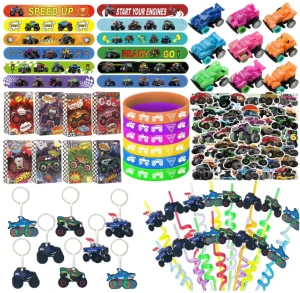 Monster Truck Party Slap Bracelets Wrist Bands Key Chains Straws Accessories Label Stickers Mini Cars Toy Gift Goodie Bags Favor