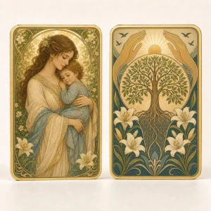Mother Child Tree Of Life Double Side Metal Art Collectible Card Gold Frame Lily Sun Hands Family Gift