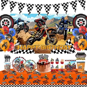 Motocross Party Supplies Motorcycle Racing Theme Tableware Banner Plates Cup Balloons Kit Dirt Bike Boy Birthday Decoration