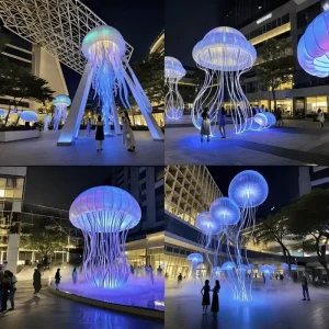 Motorized Mechanical Mirror Polished Moving Tentacles Stainless Steel Jellyfish Sculpture Custom Color Custom Size Coastal Hotel