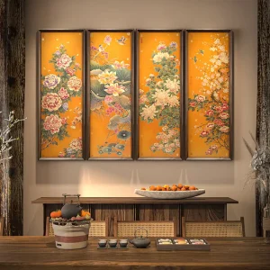 Movable Chinese style Quadruple Screen All Seasons Plant Flower Handmade Hanging Wall Art for Living Room and Middle Hall