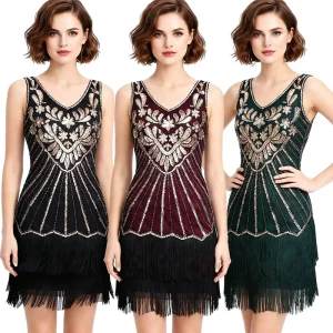 Multi-Color Great Gatsby Sequin Fringe Dress 1920s Vintage V-Neck Sleeveless Flapper Dress Party Cosplay Costume